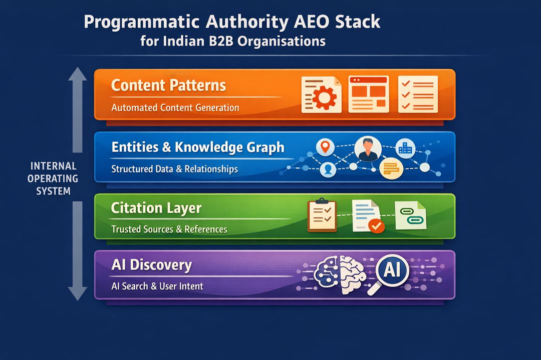 Infographic diagram of a four-layer AEO stack showing content patterns, entities and knowledge graph, citation layer, and AI discovery, illustrating programmatic authority as an internal operating system.