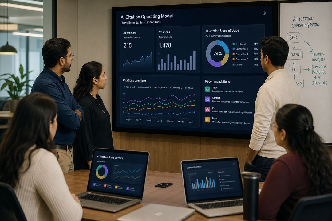 Cross-functional B2B marketing, SEO, PR, and brand team in an Indian office reviewing AI citation dashboards together on a large screen.