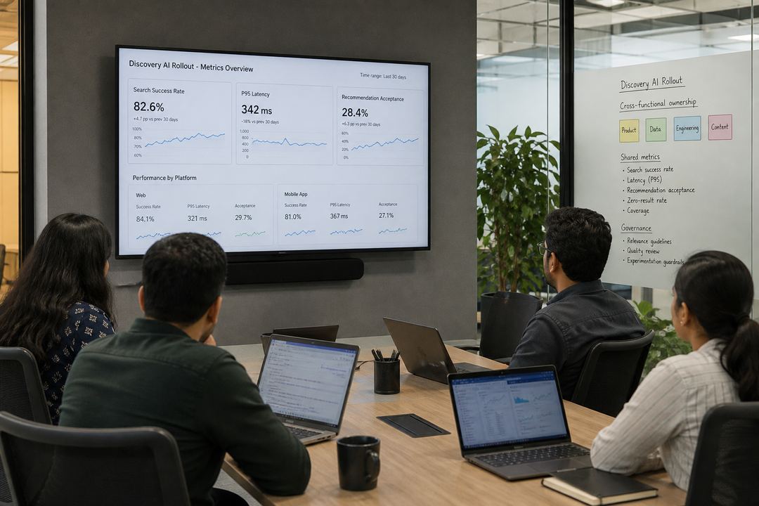 Cross-functional product, data and content team in an Indian SaaS office reviewing discovery metrics on laptops and a wall-mounted dashboard.