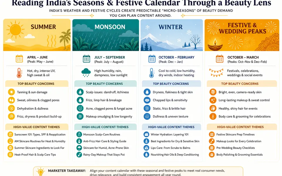Infographic mapping India’s main seasons and festive peaks to climate conditions, beauty concerns, and example content themes for beauty brands.