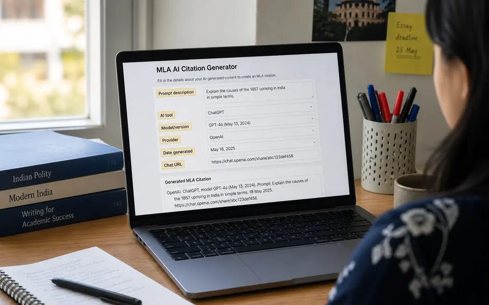 Student in India reviewing an MLA AI citation generator interface on a laptop, with fields for prompt description, tool name, model, date, and URL highlighted.