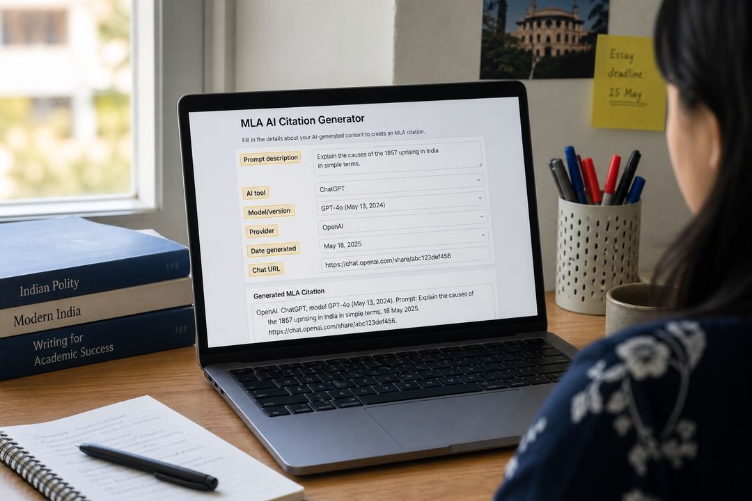 Student in India reviewing an MLA AI citation generator interface on a laptop, with fields for prompt description, tool name, model, date, and URL highlighted.