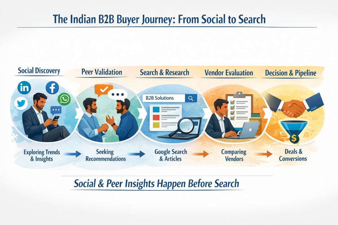 Infographic of an Indian B2B buyer journey showing social discovery and discussion happening before search and vendor evaluation.