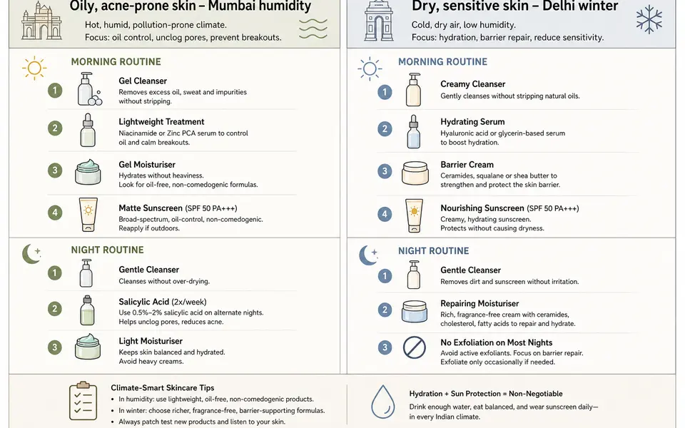 Comparison chart showing example morning and night skincare routines for oily skin in humid Mumbai and dry skin in cold Delhi winters.