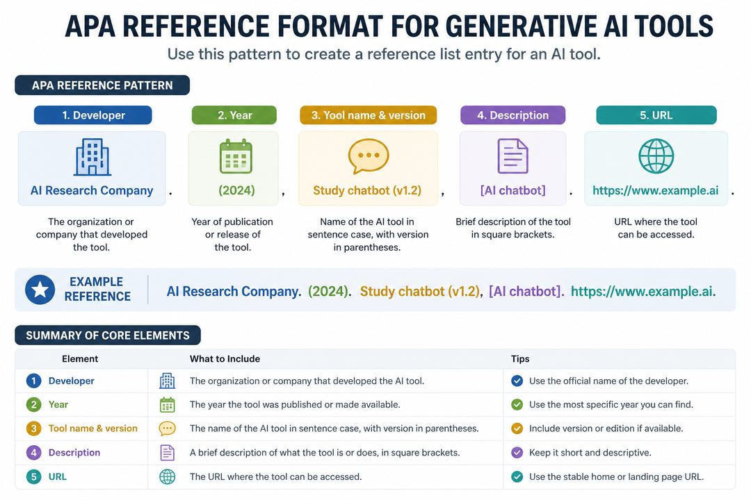 Flow-style infographic showing the APA reference list format for a generative AI tool, including developer, year, tool name and version, description, and URL with a simple example.