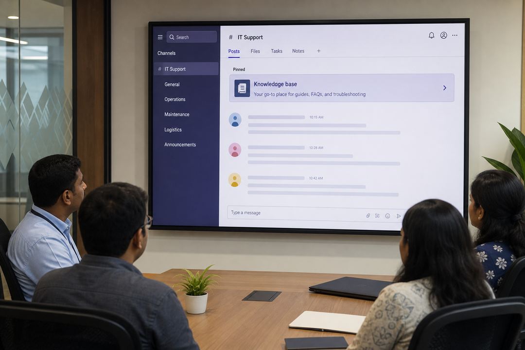 Operations and IT staff in an office meeting room reviewing a Microsoft Teams channel with a pinned link to a SharePoint knowledge base.