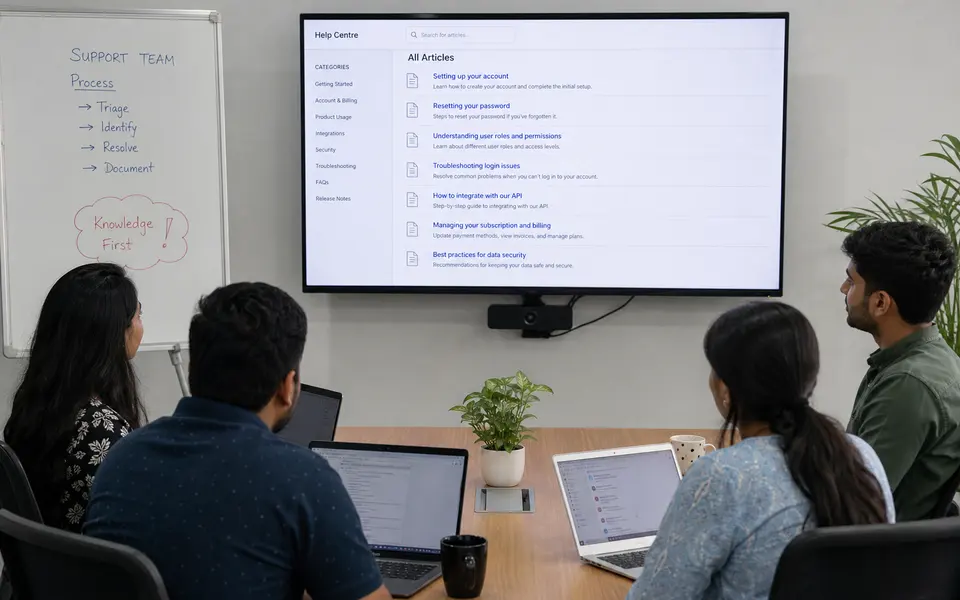 Support and IT team members in an office collaborating around laptops and a large screen that displays shared knowledge base articles.