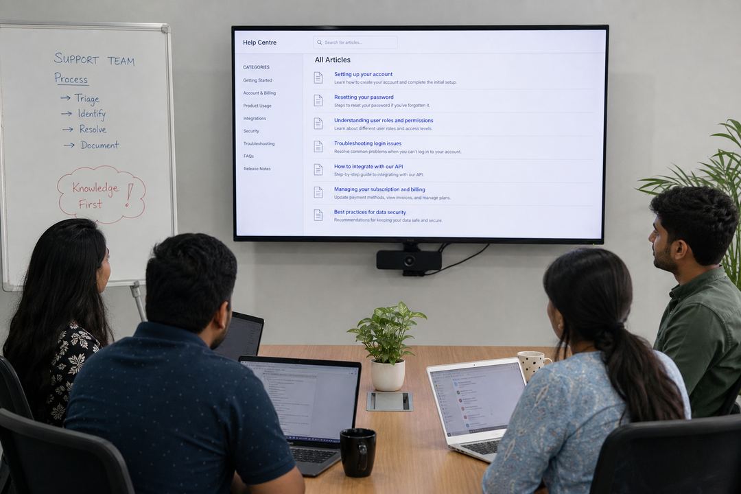 Support and IT team members in an office collaborating around laptops and a large screen that displays shared knowledge base articles.