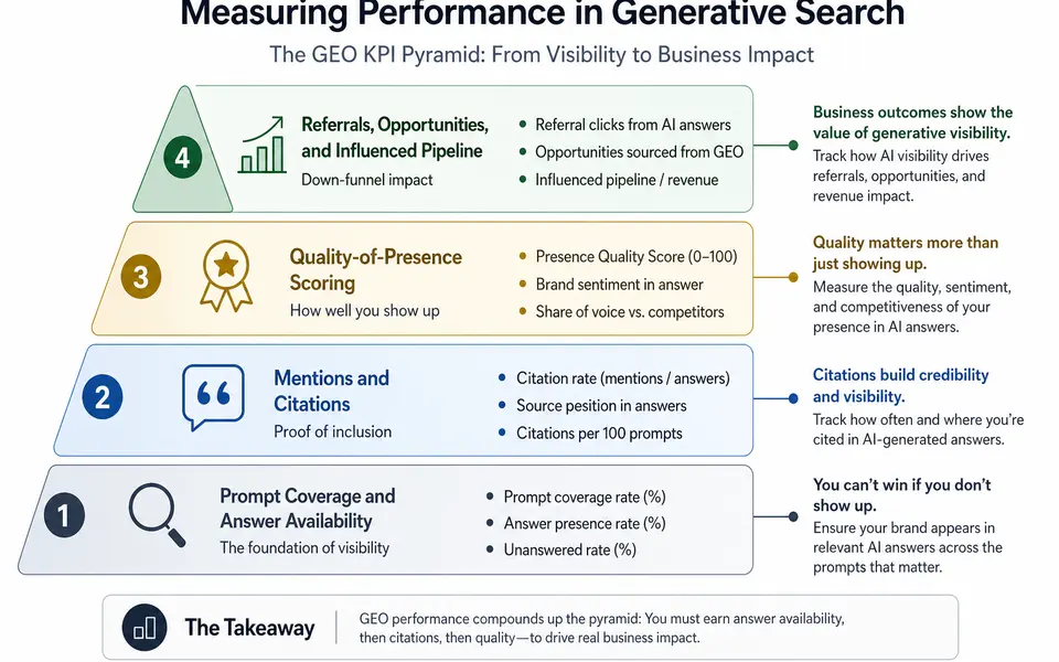 Layered KPI framework for GEO showing visibility, citation, quality, and business impact metrics.