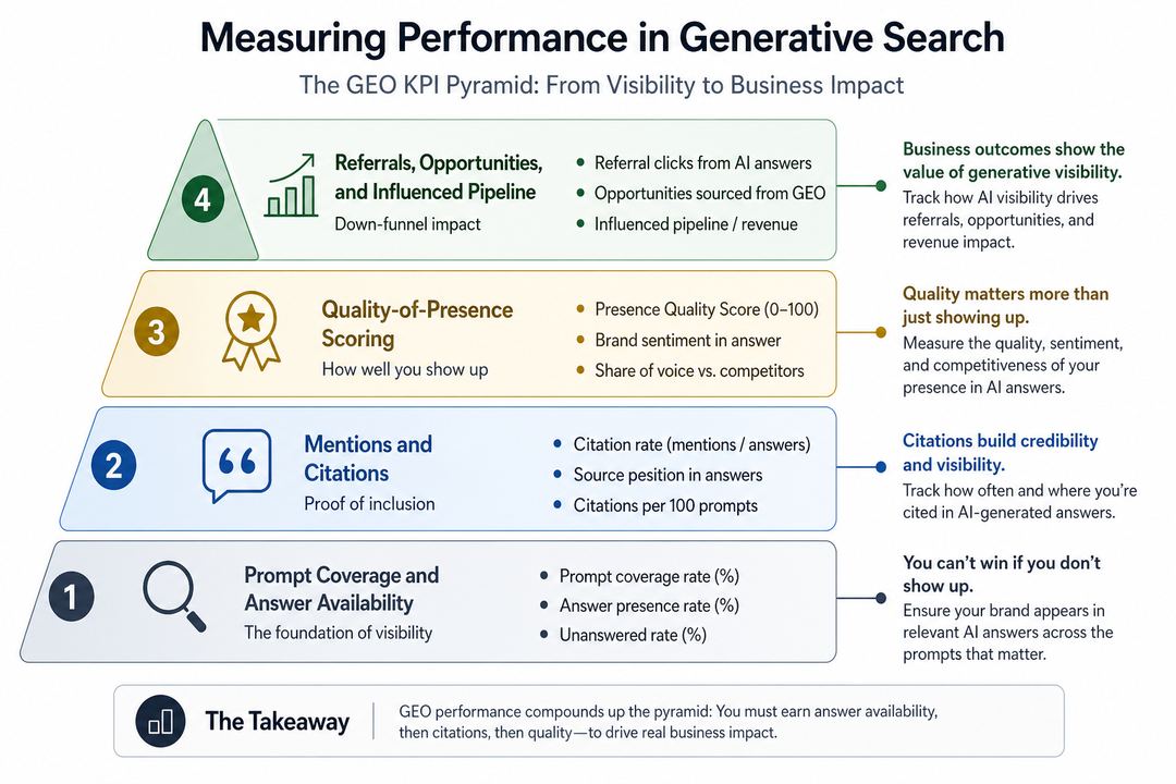 Layered KPI framework for GEO showing visibility, citation, quality, and business impact metrics.