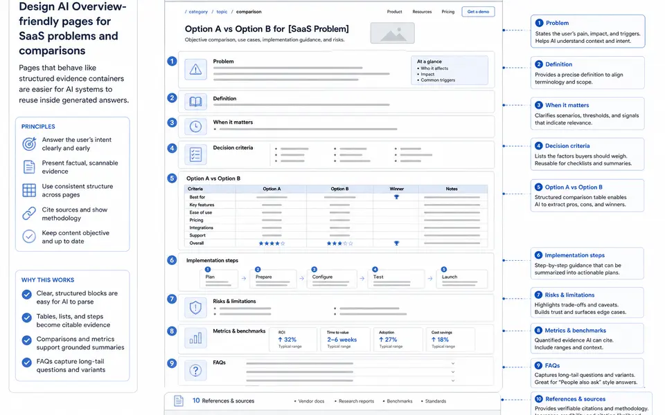 Wireframe-style layout of a SaaS comparison page annotated with sections for definition, problem context, decision criteria, implementation steps, risks, FAQs, and references.