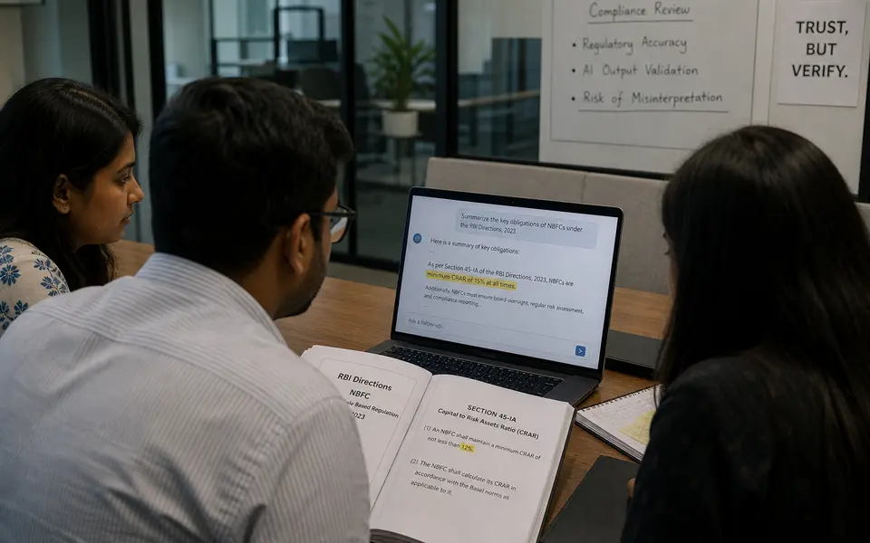 Indian compliance and content team reviewing an AI-generated regulatory summary on laptops in a conference room.