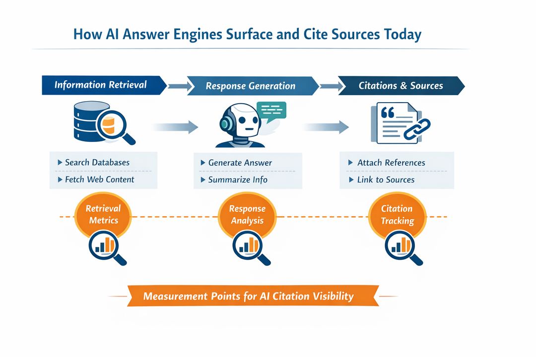 Infographic diagram showing how AI answer engines retrieve information, generate responses, and attach citations, with touchpoints where measurement can occur.