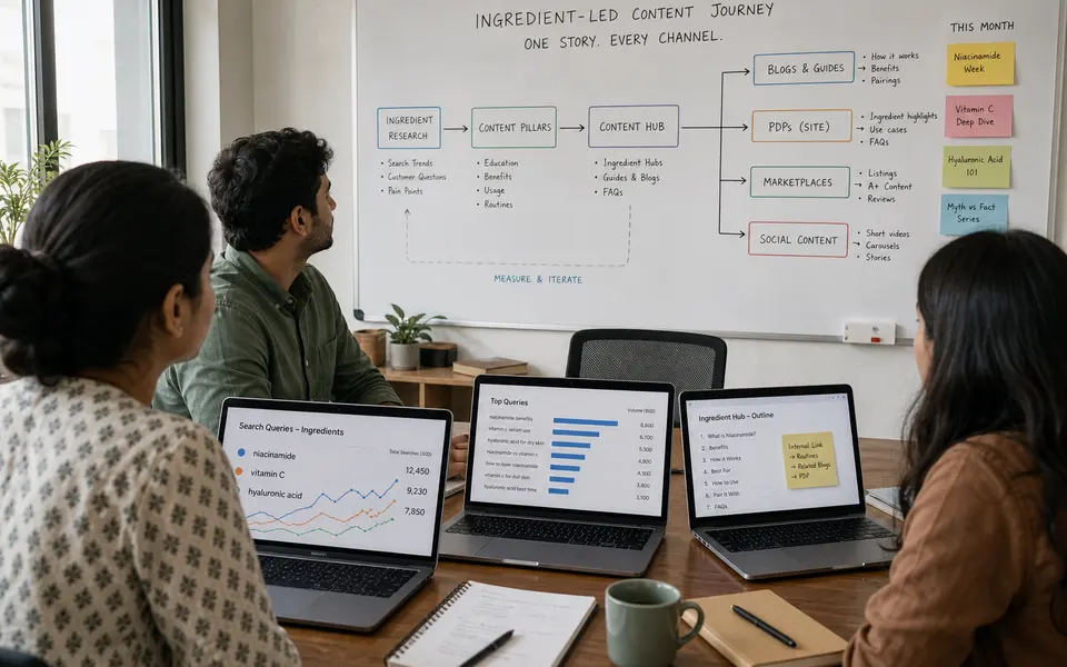 Indian skincare brand marketing team reviewing ingredient content plans and search data around a table with laptops and notes.
