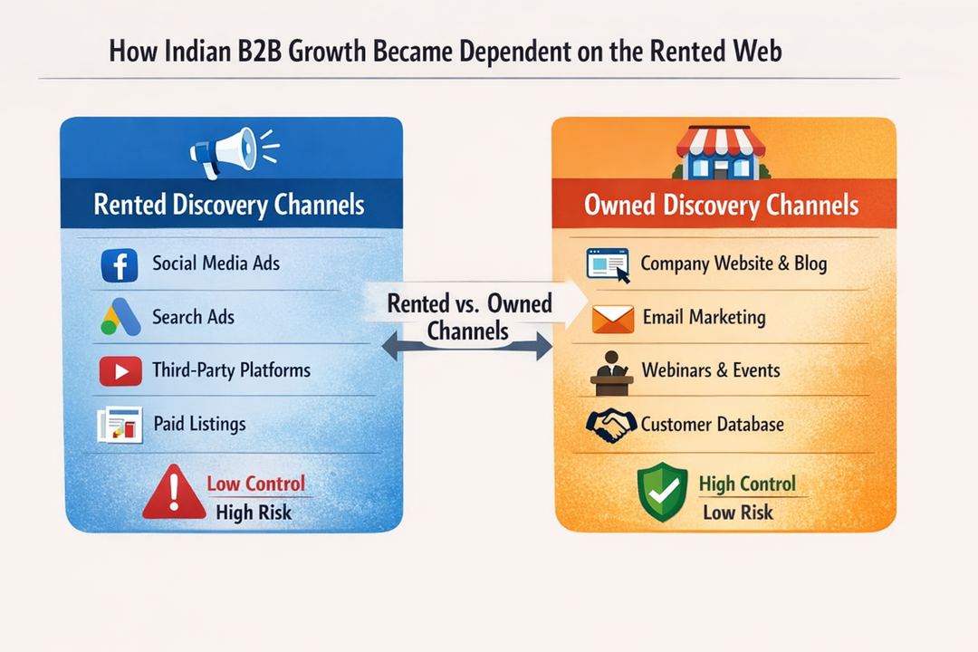 Infographic contrasting rented versus owned discovery channels for Indian B2B companies