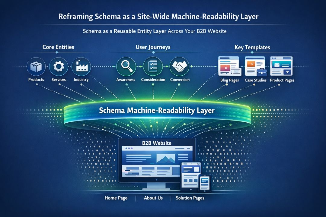 Diagram of a B2B website with a schema machine-readability layer connecting core entities, user journeys, and templates.