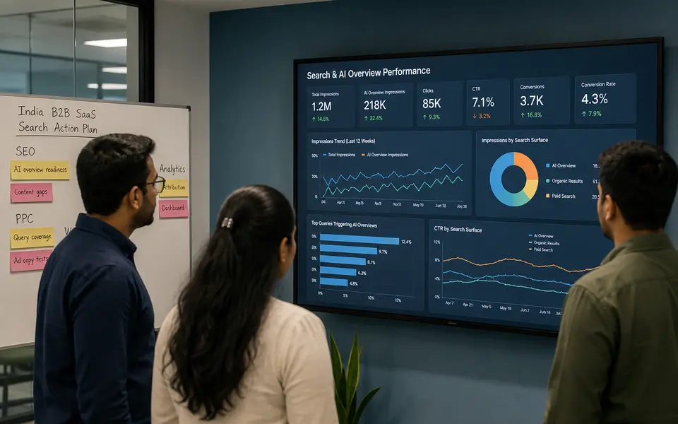 India-based B2B SaaS marketing team reviewing search and AI Overview performance dashboards together in a modern office.