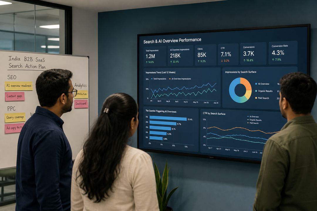 India-based B2B SaaS marketing team reviewing search and AI Overview performance dashboards together in a modern office.