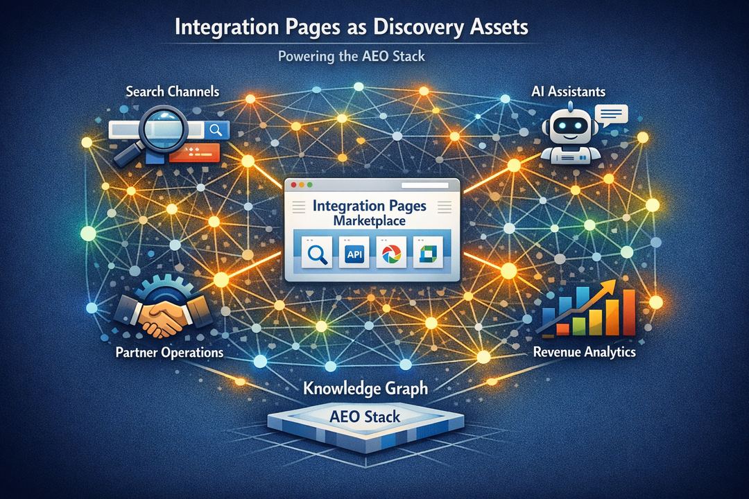 Infographic showing integration pages feeding search, AI assistants, partner operations, and revenue analytics as part of an AEO stack.