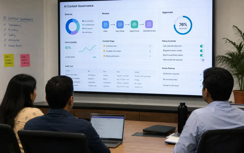 Content, SEO, and security leads at an Indian B2B SaaS company reviewing an AI content governance dashboard together.