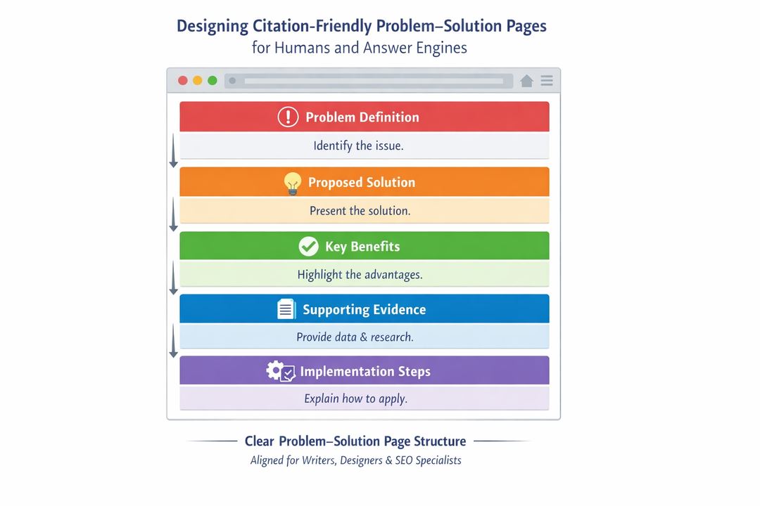 Infographic diagram of a problem–solution page layout from problem definition at the top to evidence and implementation details at the bottom.