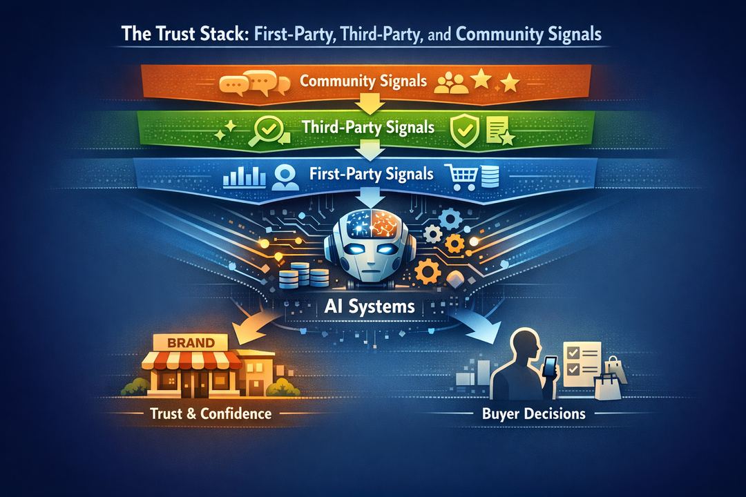 Infographic diagram showing a three-layer trust stack of first-party, third-party, and community signals feeding into AI systems and buyer decisions.