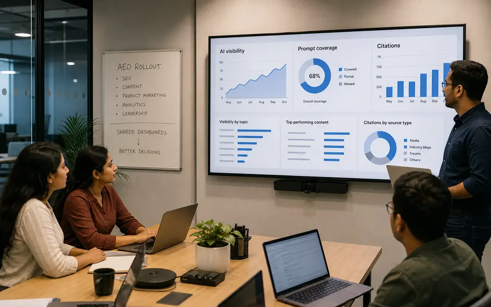 Cross-functional B2B marketing and product team in an Indian SaaS office reviewing AI visibility dashboards on a large screen during a rollout meeting.