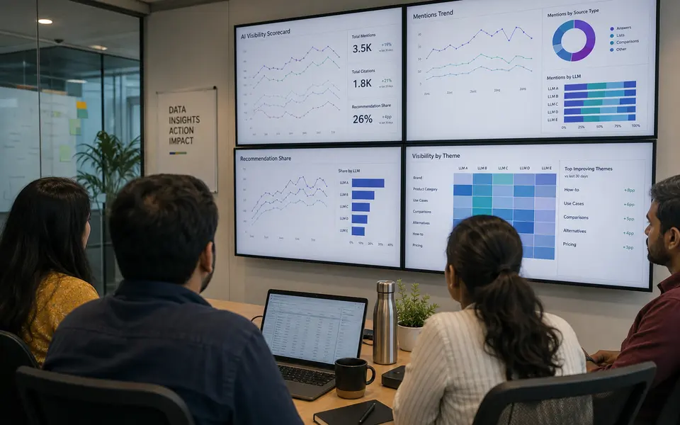 Cross-functional SEO, content, and data team in India reviewing an AI visibility scorecard on large screens in a meeting room.