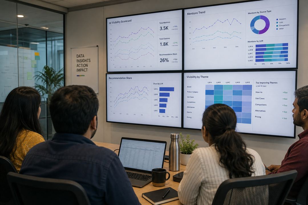 Cross-functional SEO, content, and data team in India reviewing an AI visibility scorecard on large screens in a meeting room.