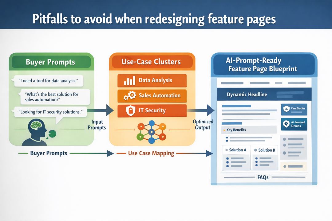 Diagram showing flow from buyer prompts to use-case clusters to an AI-prompt-ready feature page structure.