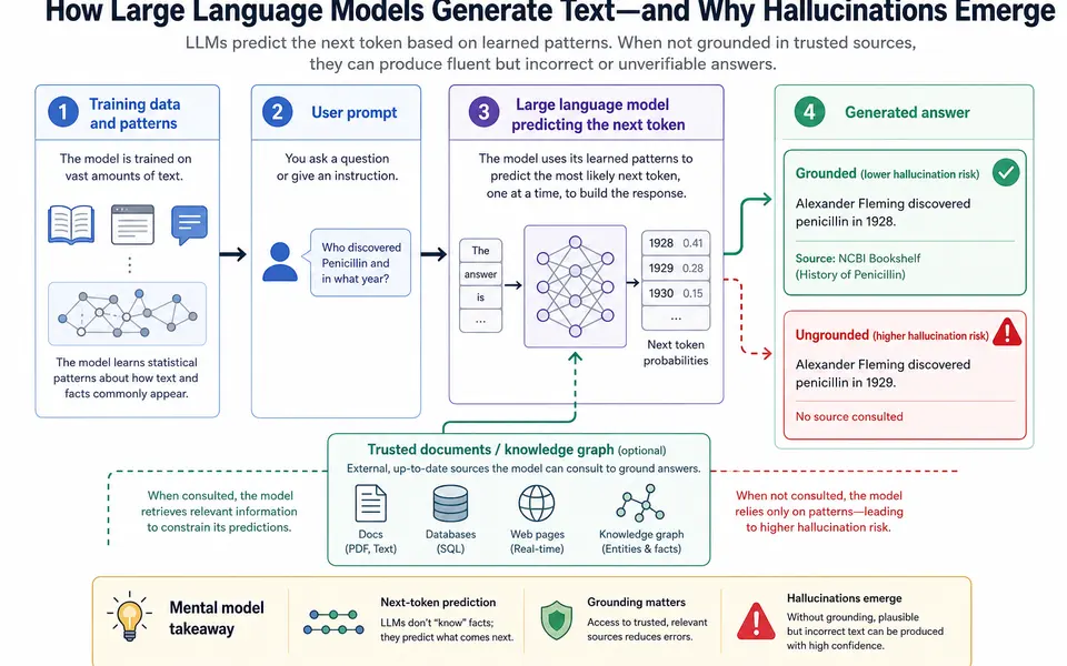Diagram showing an AI model taking in a prompt, predicting the next token based on training data, optionally consulting a document store, and producing an answer with a branch highlighting where hallucinations can arise if no source is consulted.
