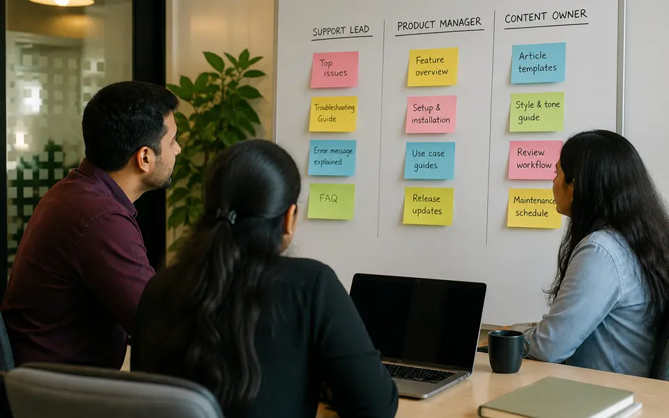 A small cross-functional team planning knowledge base articles together around a table with a laptop and sticky notes.