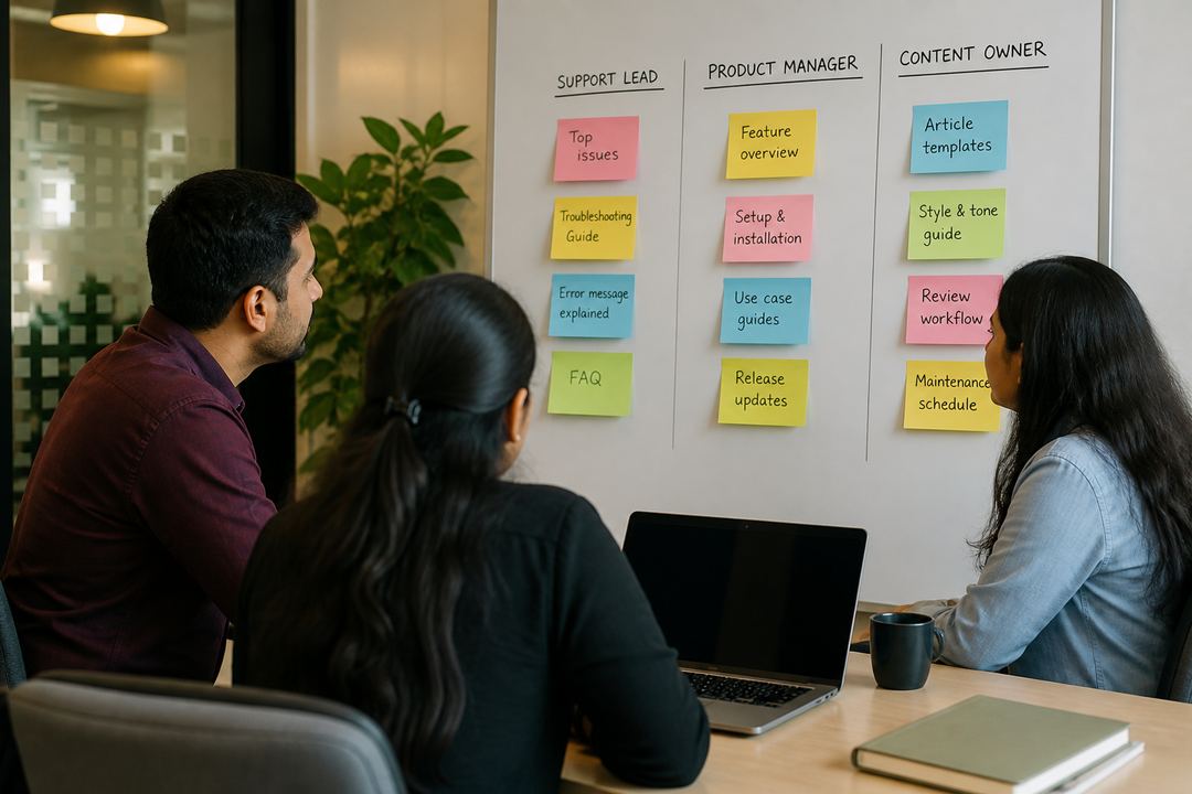 A small cross-functional team planning knowledge base articles together around a table with a laptop and sticky notes.