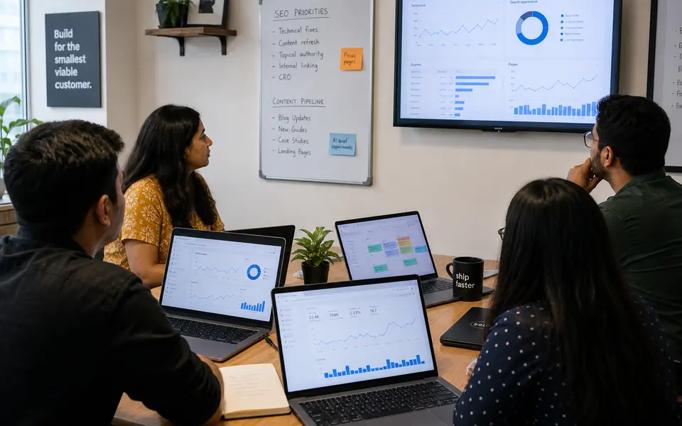 Small B2B marketing team in India reviewing SEO dashboards and a content calendar together in a meeting room.