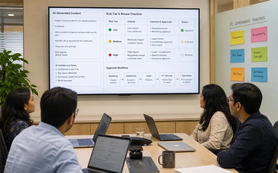 Cross-functional team in an Indian office reviewing AI-generated content on screens with a visible checklist of risk tiers and approval steps.