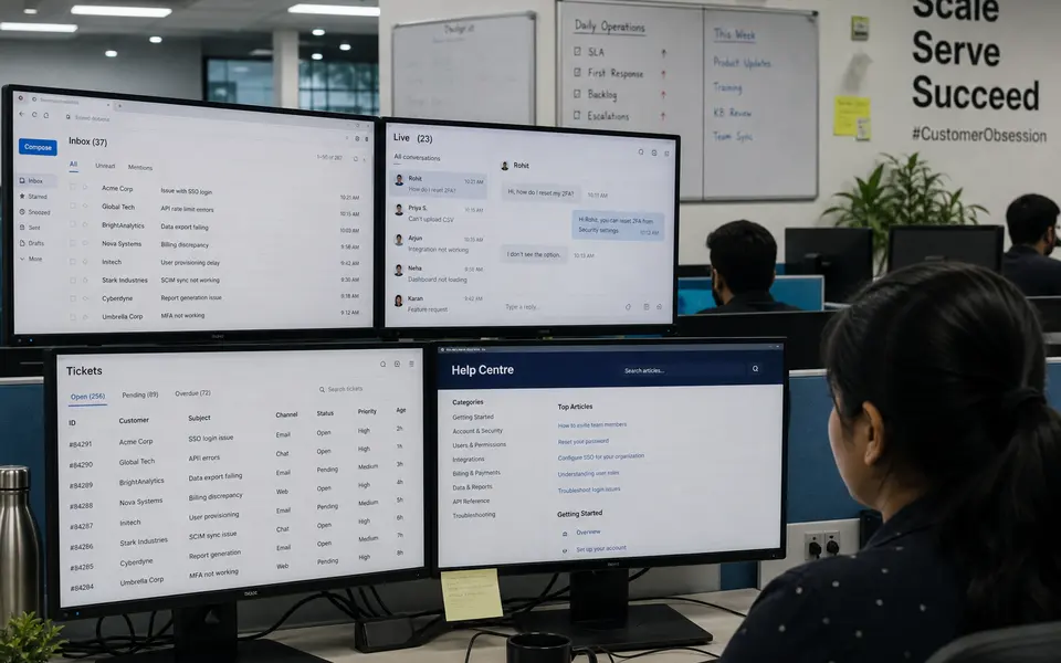 Support team in India managing a heavy multi-channel ticket queue while referencing a static help centre on large monitors.
