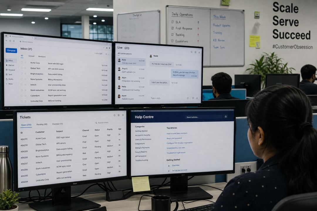 Support team in India managing a heavy multi-channel ticket queue while referencing a static help centre on large monitors.