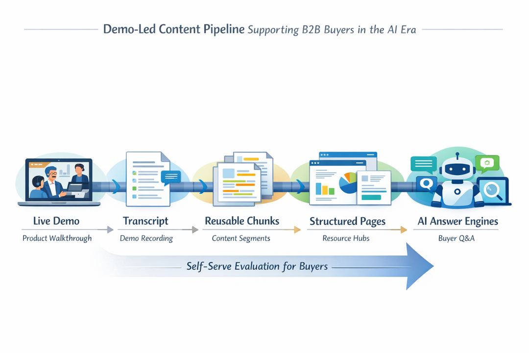 Infographic showing a flow from live demo to transcript, chunks, structured pages, and AI answer engines serving buyers