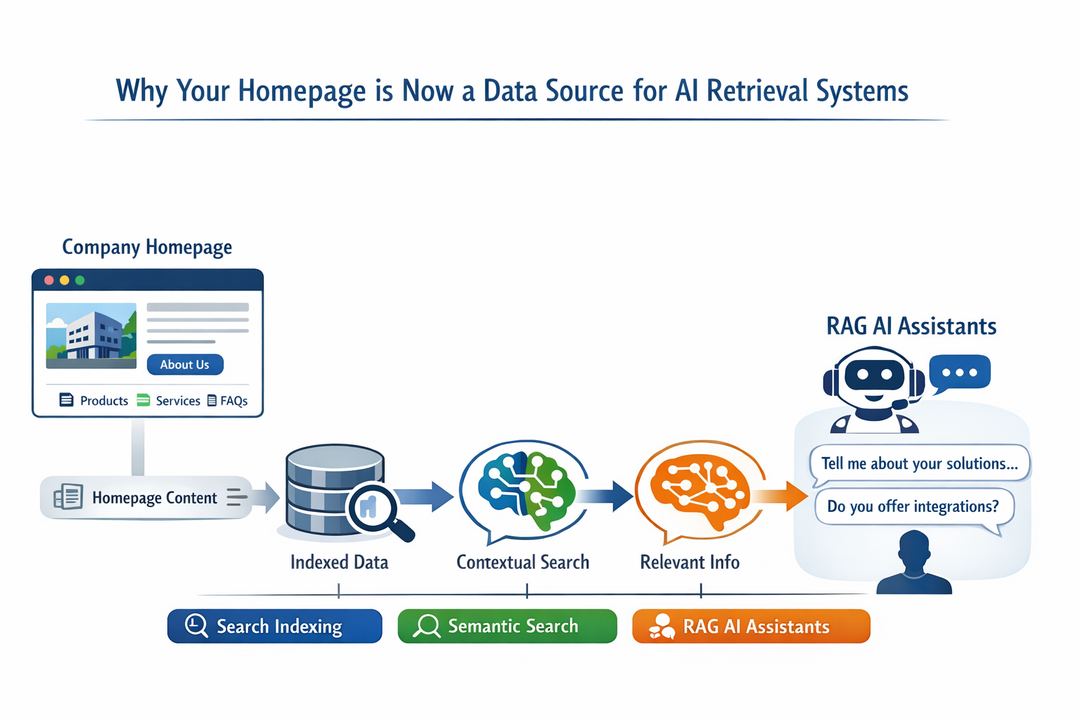 Infographic showing how a company homepage flows into indexing, semantic search, and AI assistant answers.