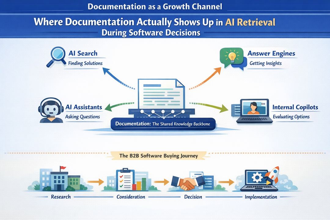 Infographic diagram showing documentation feeding multiple AI systems across the B2B software buying journey