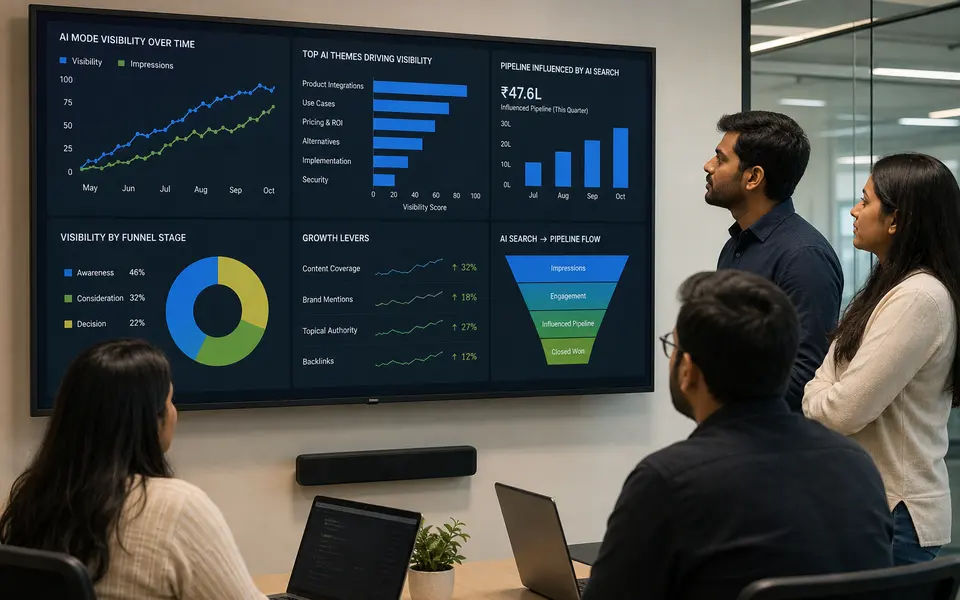 Indian B2B SaaS marketing and SEO team in an office reviewing AI search visibility dashboards together on large screens.