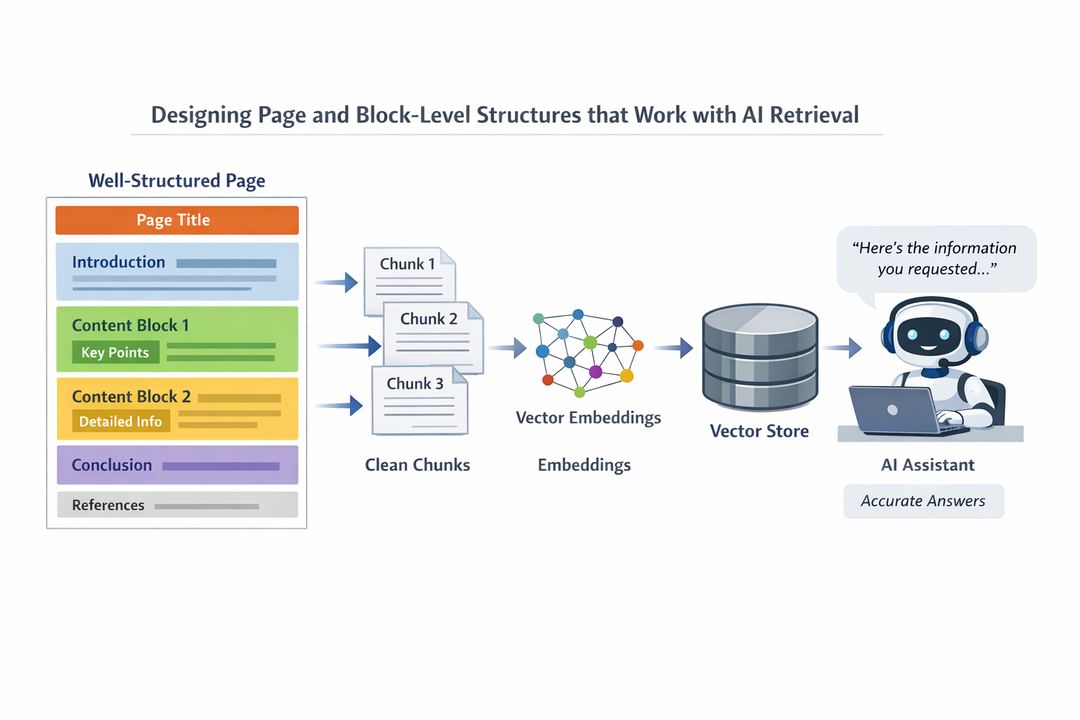 Infographic showing a page broken into clearly labeled sections and blocks, flowing into a vector store and AI assistant for retrieval.