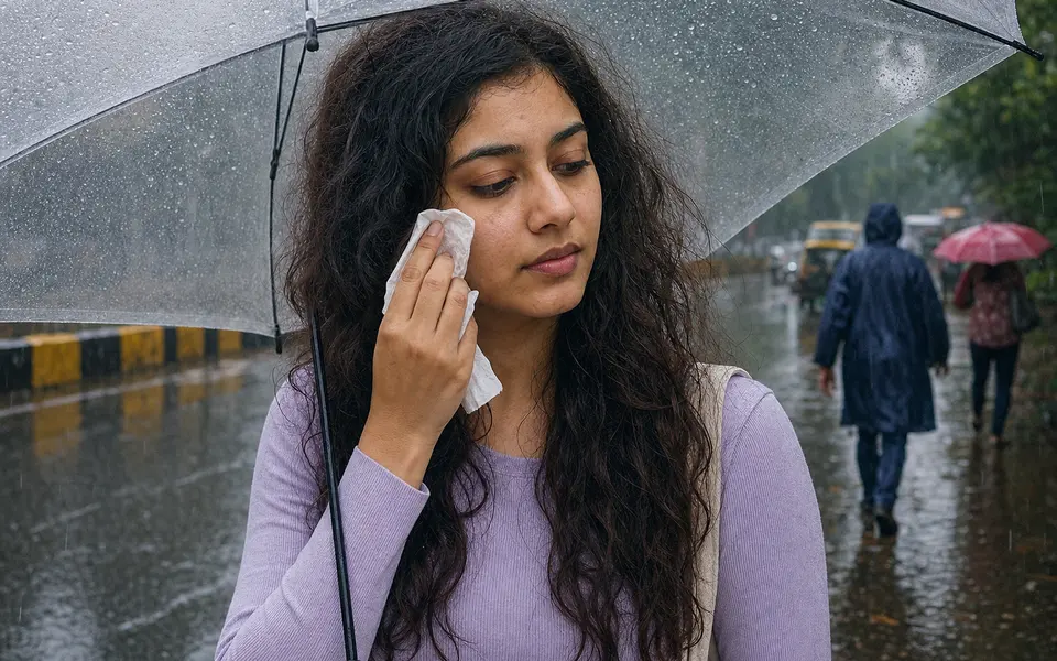 Young Indian woman under an umbrella on a rainy day, gently patting her face and adjusting frizzy hair affected by monsoon humidity.