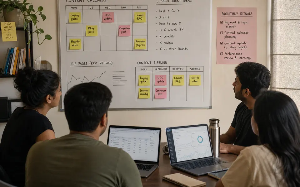 Small Indian D2C team in a casual office reviewing a content calendar and search dashboards on laptops and a wallboard.