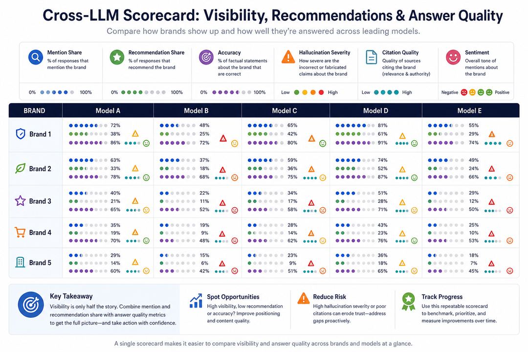 Matrix-style scorecard showing brands scored by LLM model across visibility and answer-quality metrics.