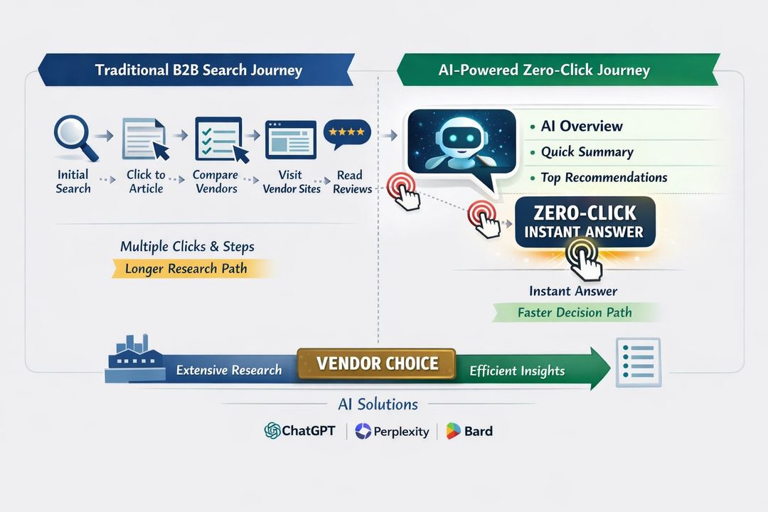 Infographic comparing traditional multi-click B2B search journeys with compressed AI answer-layer journeys, highlighting zero-click points.