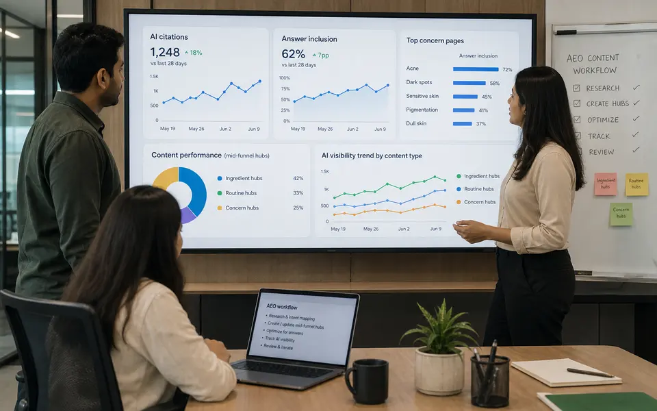 Indian skincare marketing team reviewing dashboards that show AI citations, answer inclusion, and content performance on a large screen.
