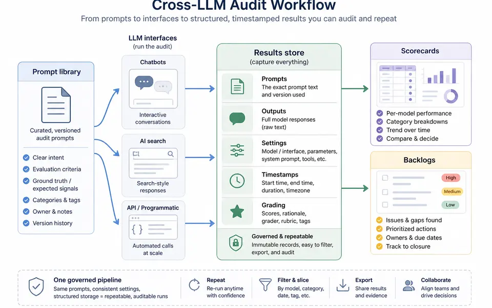 Process diagram showing prompts flowing into multiple LLM interfaces and back into a central, timestamped results store.