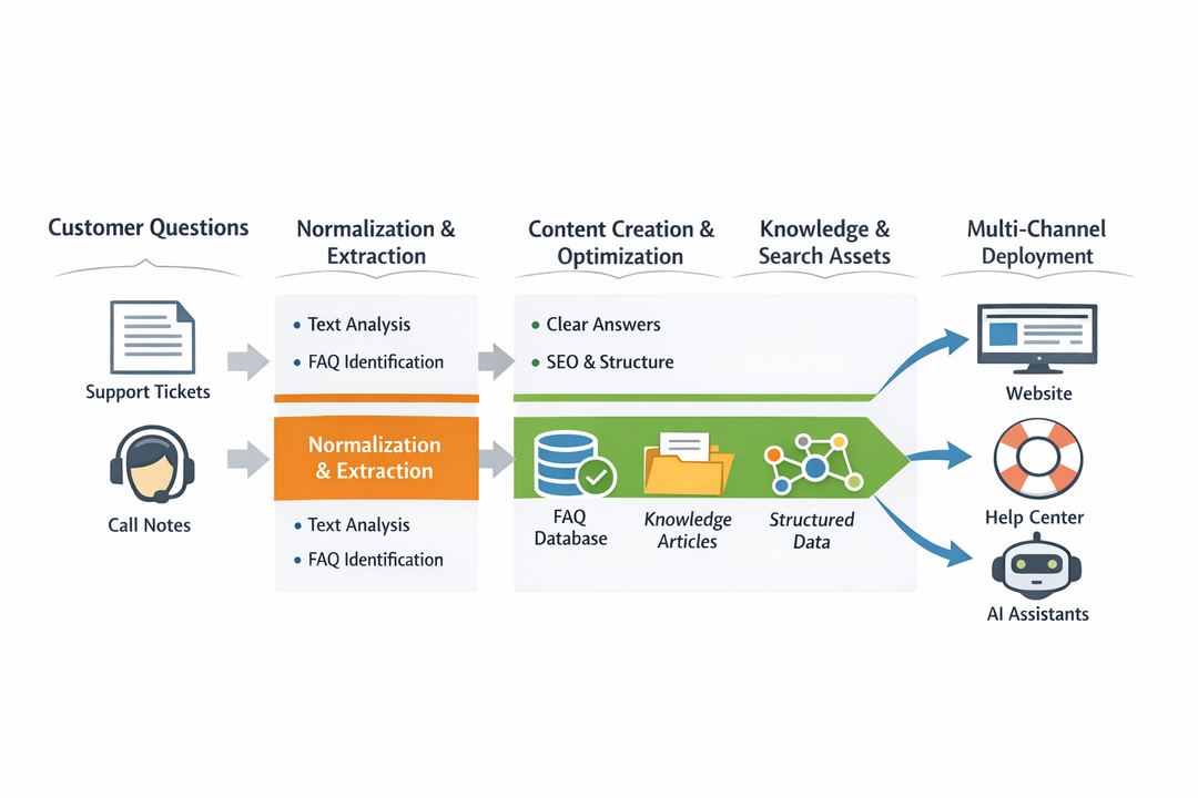 Infographic diagram showing a pipeline from customer questions to structured search and knowledge assets across channels.