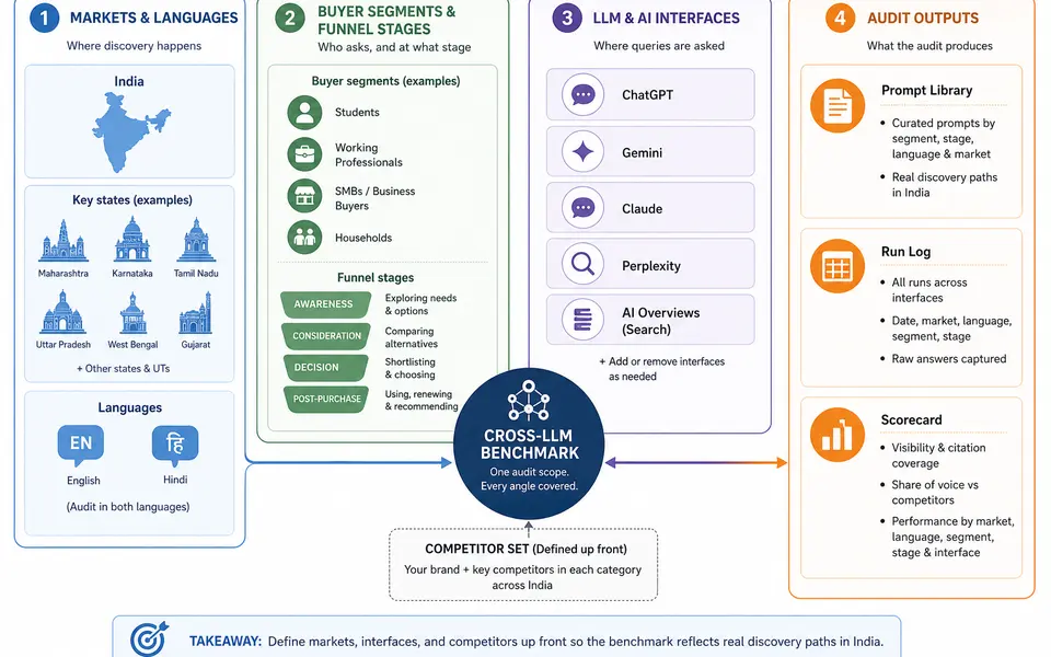 Flow diagram mapping Indian markets, buyer segments, LLM interfaces, and competitors into a structured cross-LLM audit scope.